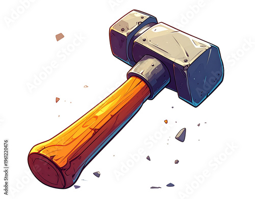 Cartoon hammer with orange wooden handle and metal head in action