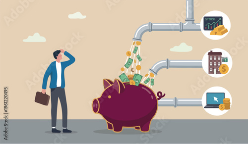 Multiple streams do how good go we for to in the of income, passive income or revenue from invest in multi assets, side hustles to make money concept, rich businessman standing with multi cash flow