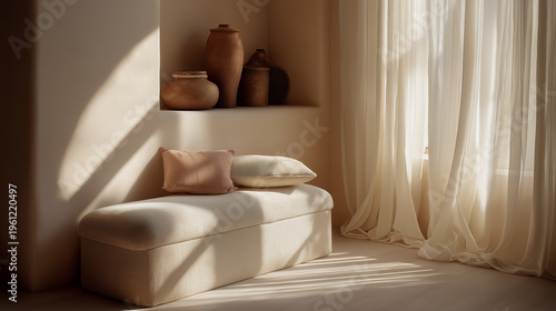 Minimalist Cozy Interior with Bench Cushions and Ceramic Vases in Warm Sunlight