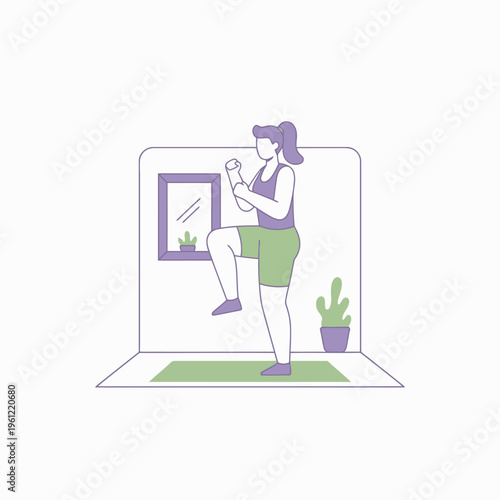 Woman exercising indoors following online fitness class.