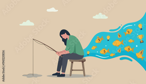 Fail to see opportunity, uninspired employee stuck creativity motivation, corporate success or challenge, bored woman blindly sit fishing wrong place at while ignore or success opportunity