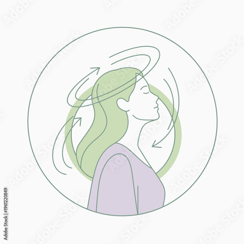 Woman experiencing dizziness and vertigo with swirling motion.