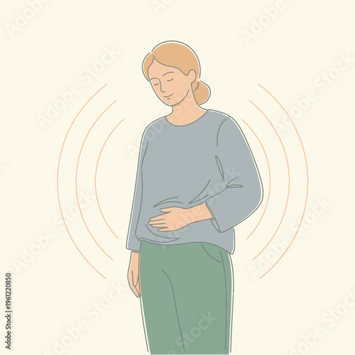 Woman experiencing abdominal discomfort or pain illustration.
