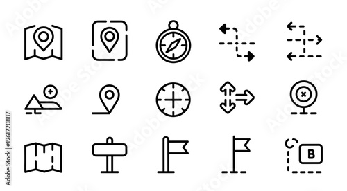 Minimal Navigation Line Icons Set – Map, Location, and Direction UI Symbols