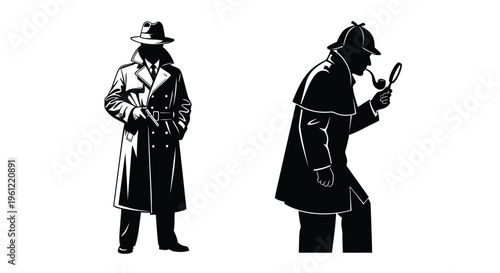Detective figures in classic attire one with a magnifying glass silhouette