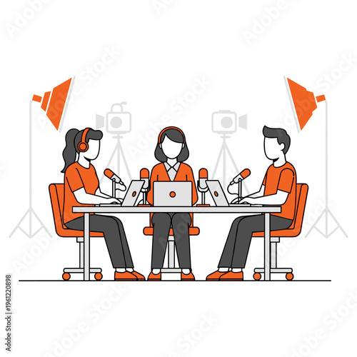 Podcast recording session with three people sitting at table with microphones and cameras