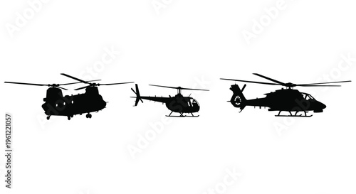 Three helicopter views presented as stark black silhouettes high quality professional