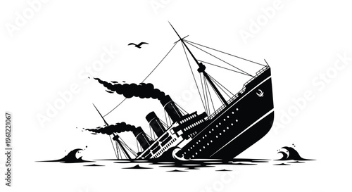 Sinking ship illustration with waves and a bird a dramatic black silhouette