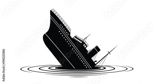 Sinking ship illustration with circular water ripples a dramatic black silhouette