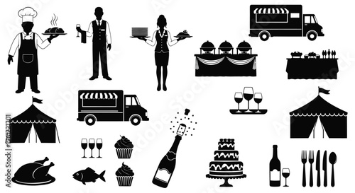 Food service icons depicting catering trucks and celebratory elements silhouette