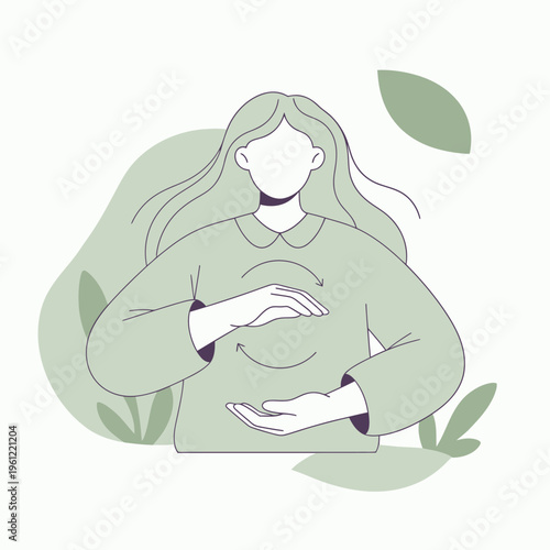 Woman holding hands in a protective gesture around her abdomen.