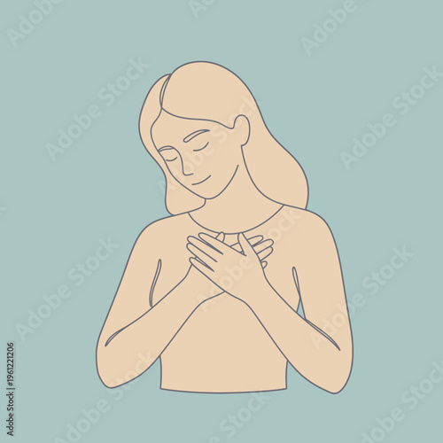 Woman holding hands over heart with eyes closed in gratitude.