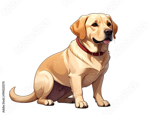Cartoon labrador retriever sitting with friendly expression, golden yellow coat, red collar