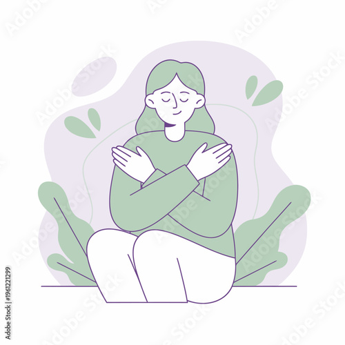 Woman hugging herself with closed eyes and a serene expression.