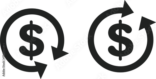 Money exchange icons vector set, dollar currency rotation arrows finance transaction symbols isolated design