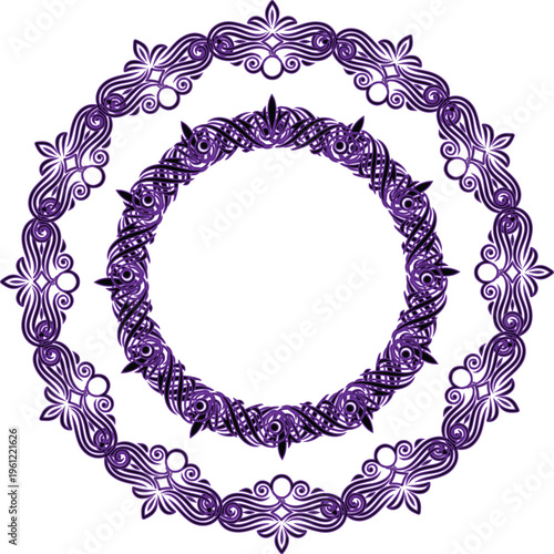 Ornate Purple Concentric Circular Frame with Filigree Scrollwork and Intricate Lattice Inner Border