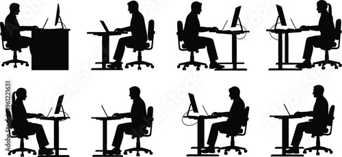 Office worker silhouettes, computer desk setups, workplace ergonomics concept, remote work lifestyle illustration, productivity business design, flat vector illustration