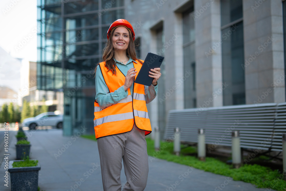Obraz premium Woman engineer wearing safety vest using tablet
