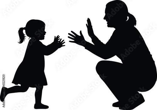 Parent child silhouette illustration, joyful bonding, playful interaction, parenting love, family unity, childhood happiness, caring parent, trust connection, vector art, togetherness