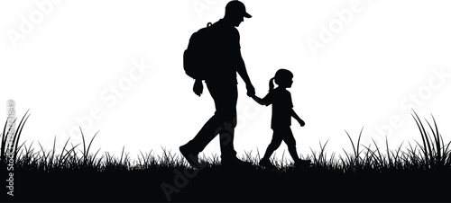 Parent child silhouette illustration, walking together, outdoor activity, family unity, parenting love, childhood bond, caring parent, nature walk, vector art, companionship
