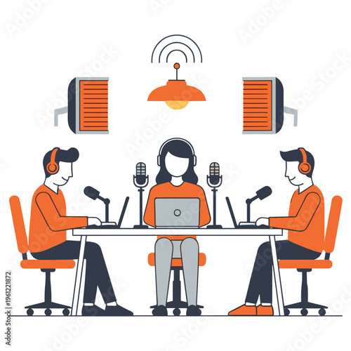 Podcast production in studio with three hosts discussing and interviewing using microphones and laptops