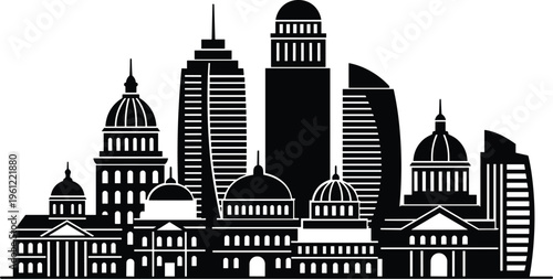 Black and white city skyline silhouette blending domed classical architecture with modern skyscrapers, showcasing urban diversity and metropolitan development
