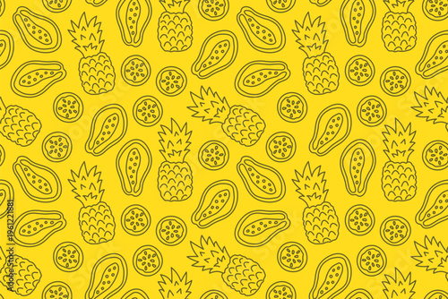 seamless summer pattern with juicy pineapple, papaya and passion fruit - vector illustration