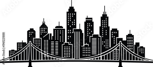 Black and white city skyline silhouette with suspension bridge foreground highlighting urban architecture, metropolitan infrastructure, and dynamic landscape
