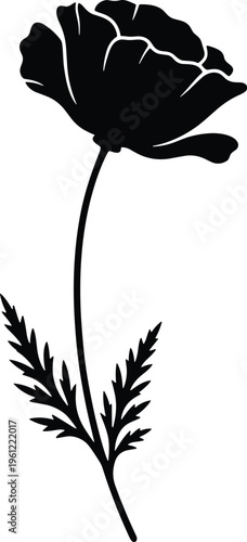 Stylized black silhouette of single flower with wavy petals, slender stem, and jagged leaves, elegant botanical artwork
