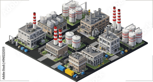 Isometric Industrial Factory Complex Vector Illustration with Refineries, Storage Tanks, Pipelines, Warehouses, Smokestacks and Urban Manufacturing Infrastructure Layout