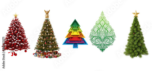 A group of differently decorated christmas trees