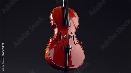 Close-up of a polished wooden violin with a rich red finish, showcasing the curves and details of the instrument against a dark background