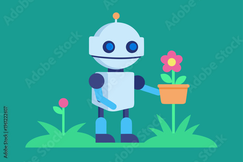 Childlike AI Robot Planting Digital Flowers
