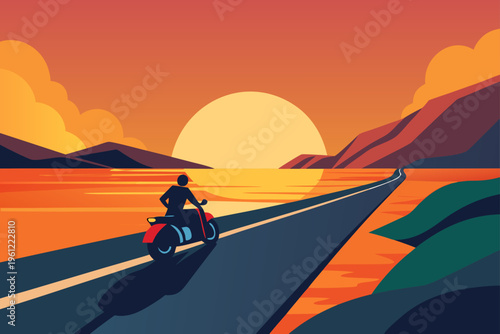 Foto Highway Motorcycle Speeding Through Sunset