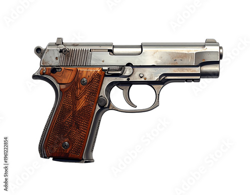 Full shot of a metallic semi-automatic tool with wooden grip, side view