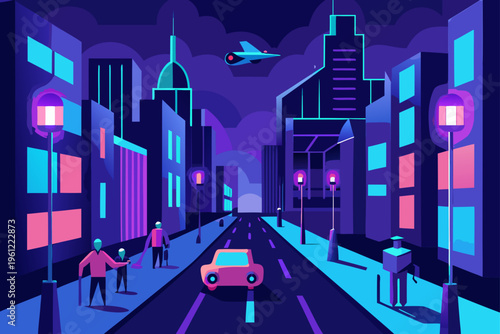 Neon Lit City Street At Night Bustling