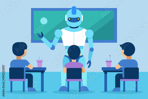 Advanced Humanoid Robot Teaching Kids Bright Classroom