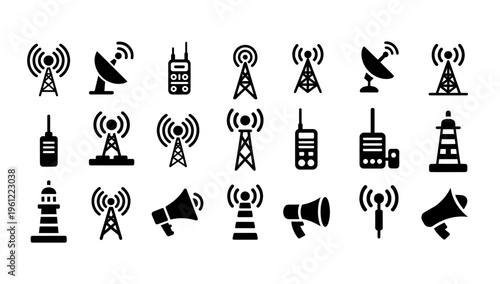Wireless communication and signal tower icon set in solid black style, including antennas, radio devices, and broadcast symbols.  This is suitable for technology, telecom, and network design projects.