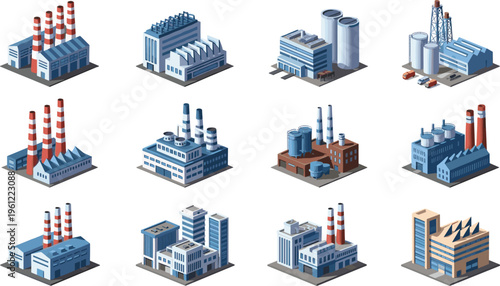 Isometric Industrial Factory Buildings and Manufacturing Plants Vector Set with Warehouses, Refineries, Power Stations and Urban Infrastructure Collection