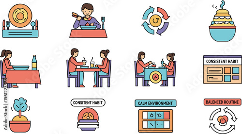 Healthy Eating Habits and Balanced Routine Icon Set with Family Meals Consistent Schedule Calm Environment Mindful Eating and Nutrition Lifestyle Design