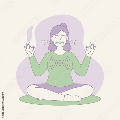 Woman Meditating in Lotus Position with Zen Energy Waves.