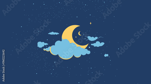 Peaceful night sky illustration with a crescent moon peeking through soft clouds and twinkling stars. Calm and dreamy nighttime scene.