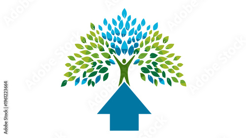 Vibrant eco-friendly growth concept with a tree, person celebrating on an upward arrow home, symbolizing nature, well-being, and prosperity.
