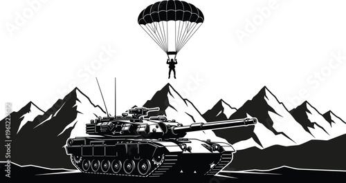 Black and white of a soldier parachuting over a tank with mountains parachute