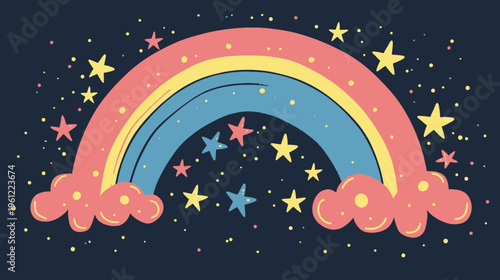 Whimsical Pastel Rainbow Illustration with Sparkling Stars and Fluffy Clouds on a Dark Night Sky Background