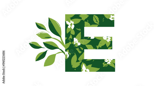 Nature-inspired letter E with vibrant green leaves and white flowers, botanical alphabet design for eco-friendly concepts