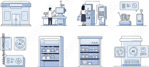 AI Smart Retail Store Vector Set with Automated Checkout, Vending Machines, Digital Payment and Future Shopping Technology Illustration Collection