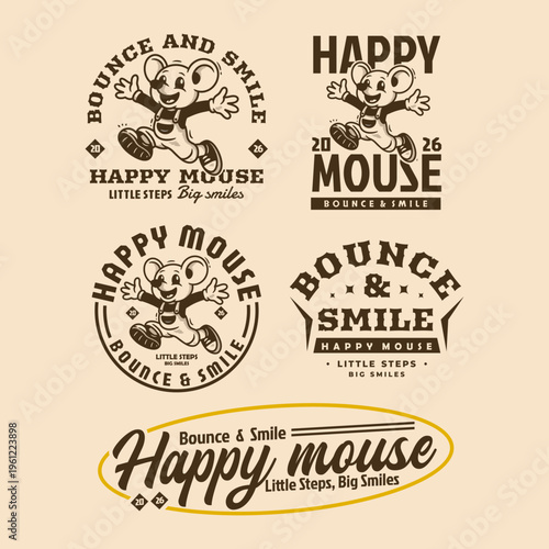 Vintage beige set of five typographic logo badges with cute cartoon mouse mascot, featuring phrases happy mouse and bounce and smile in brown ink, retro t shirt branding style