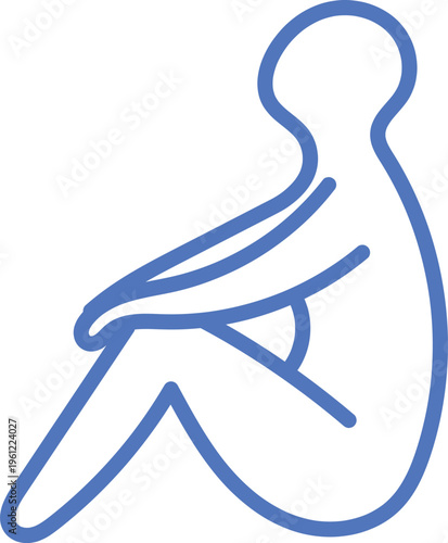 Blue line drawing of a person sitting with knees up isolated on transparent background.