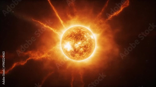 A vibrant sun with solar flares radiates energy in space